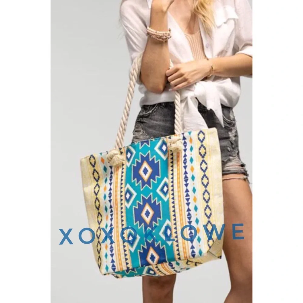 Blue & White Aztec Southwestern Print Rope Handle Tote Bag - Picture 6 of 9